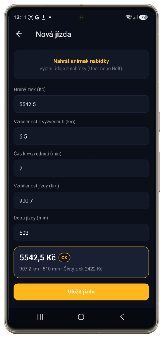 DriveCalc — nová jízda ze snímku nabídky