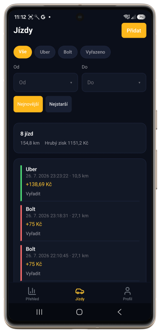 DriveCalc — historie jízd